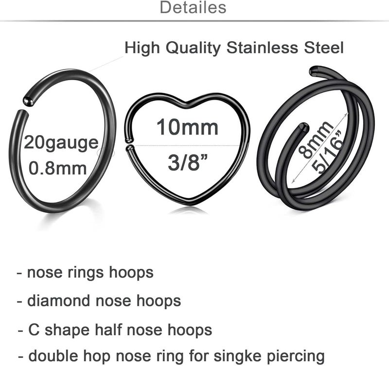 QWALIT 18g & 20g Nose Rings & Hoops - L & C Shape Studs - Surgical Stainless Steel & Silver Nose Piercing Jewelry - Rose Gold & Black - For Women & Men - Image 2